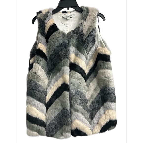 Davi & Dani Gray Black Cream Chevron Faux Fur Vest Women’s Size Large - Picture 1 of 8